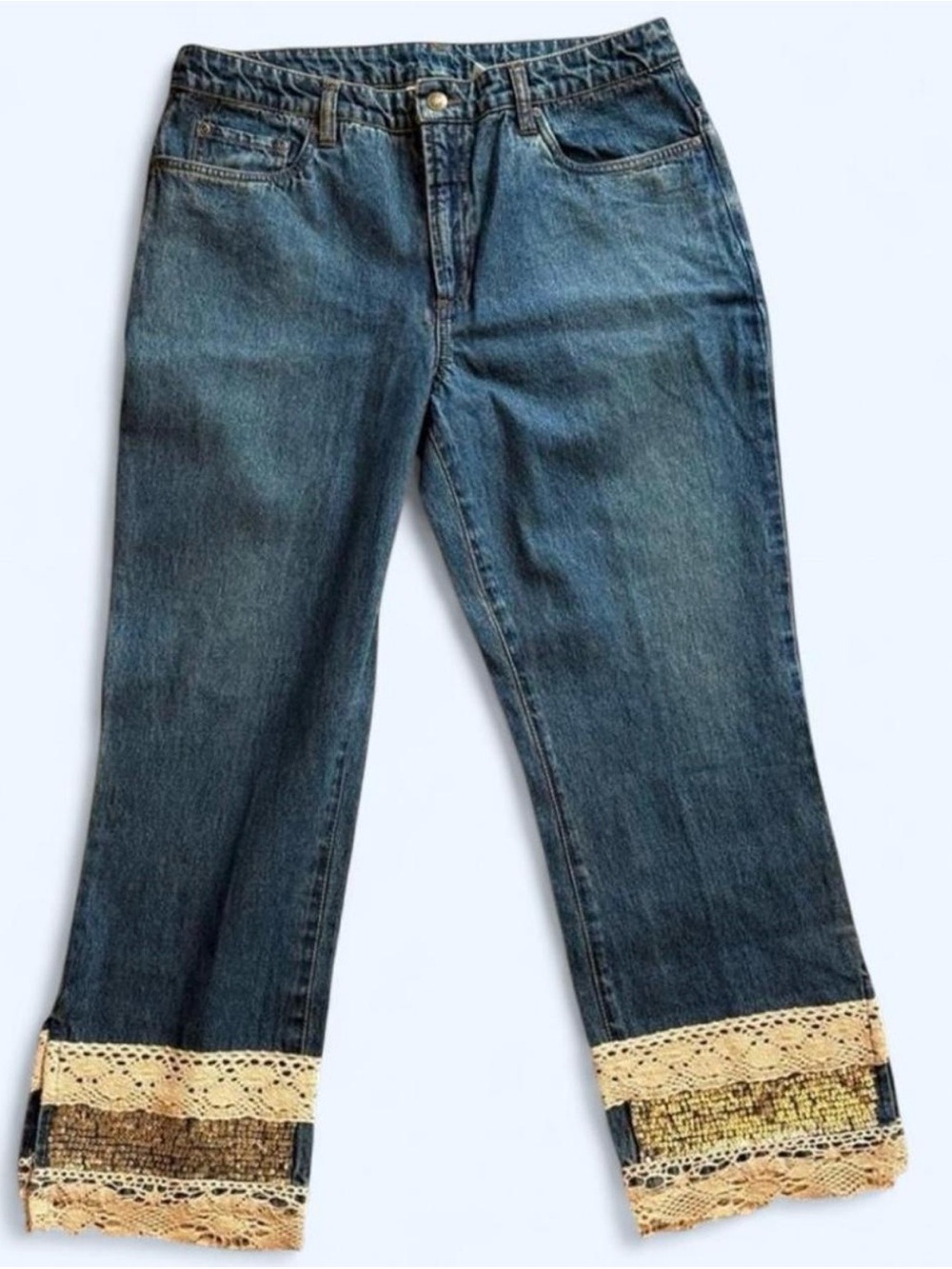 Vintage Y2K Women's Blue Denim Jeans with Crochet Embellished Trim Size 10
